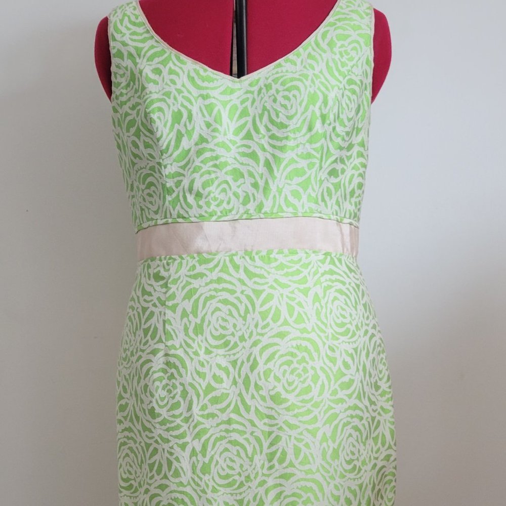 Maggy London Green and White Floral Sheath Dress with Cream Waistband